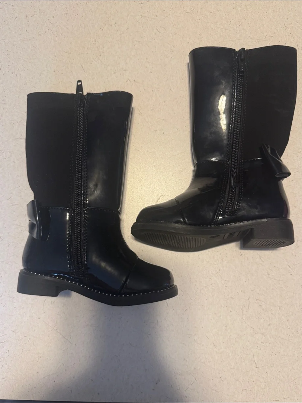 Place Girls Black Patent Tall Boots with Back Bow